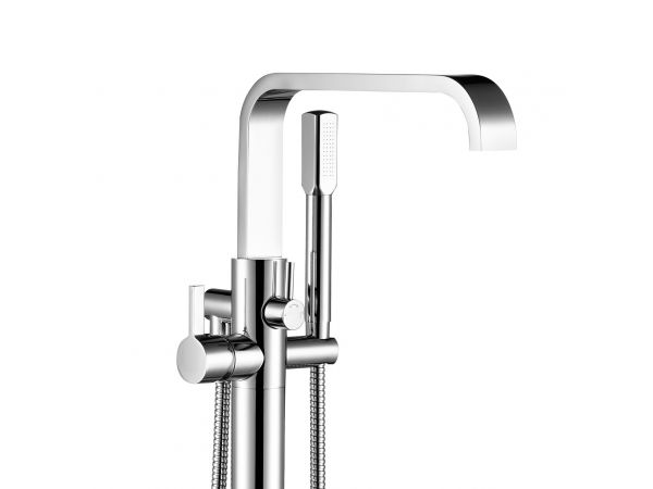 Braxton Floor-Mount Tub Filler Geometric Faucet with Hand Shower